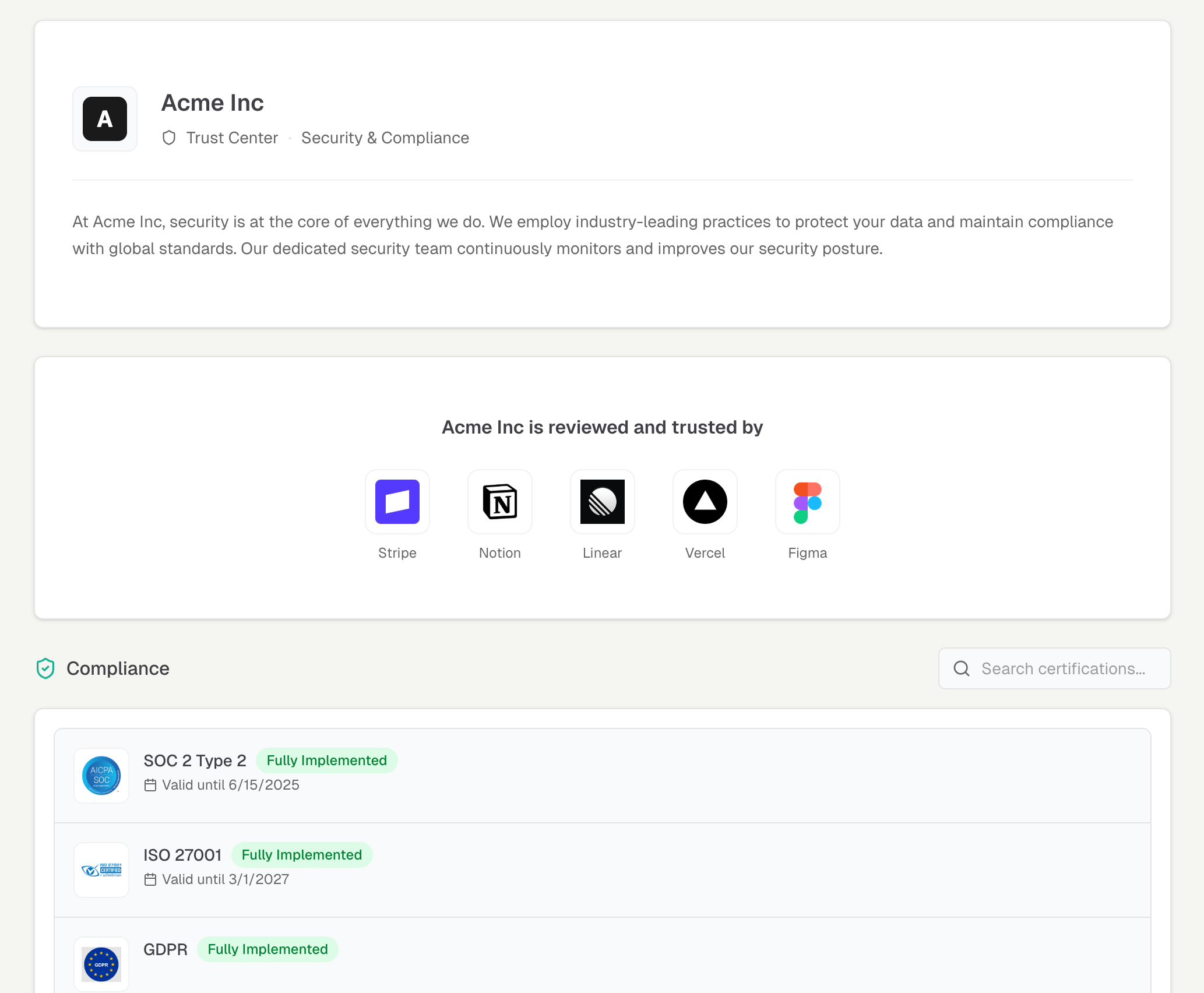 Acme Inc Trust Center - Example of a Trusteo-powered security and compliance page